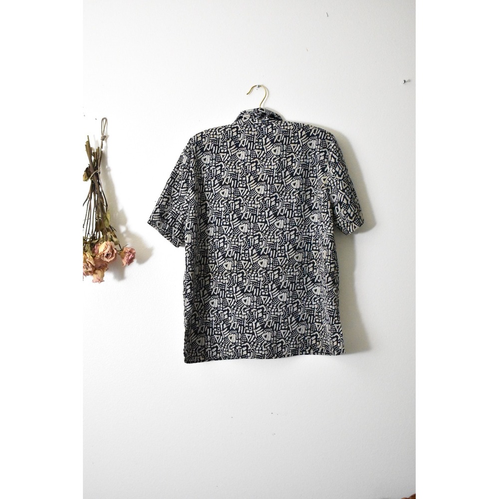 Vintage Notations Navy Blue Cream Abstract Geometric Button Up Blouse Top Womens - Picture 4 of 6